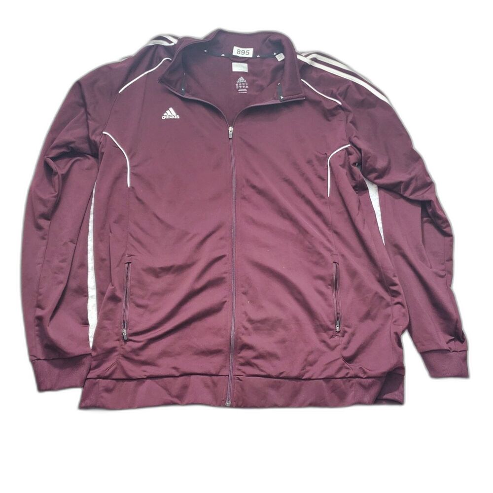 adidas Full Zip Track Jacket Mens 2XL XXL Maroon White 3 Stripes Warm Up